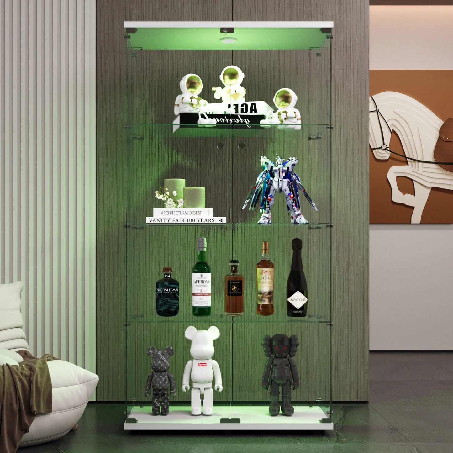 Comanlai 4-Tier Glass Display Case,2 Doors Glass Display Cabinet with Lighting and Lock,for Entryway, Living Room, Bedroom