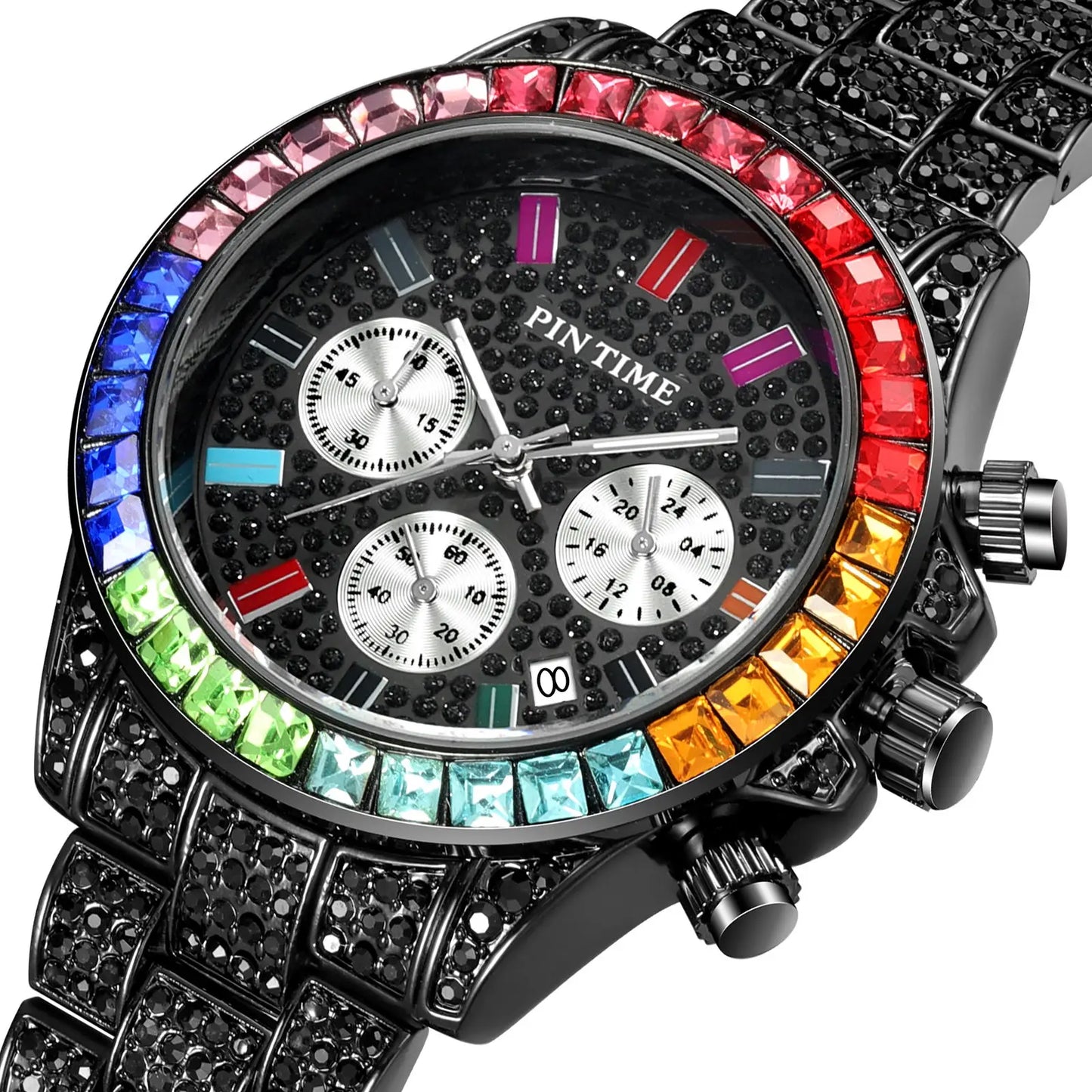 PINTIME Watches for Men Colour Diamond Ice Out Chronograph Bling Hip Hop Quartz Wristwatch Stainless Steel Buckle Waterproof 30M - Uknowucme