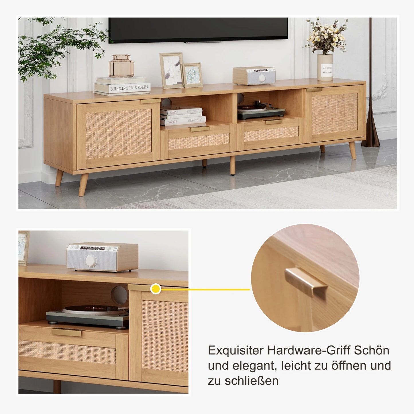 TV console table, 200*37*49cm, TV cabinet with real rattan design, TV cabinet with solid wooden feet, braided rattan TV boards - Uknowucme