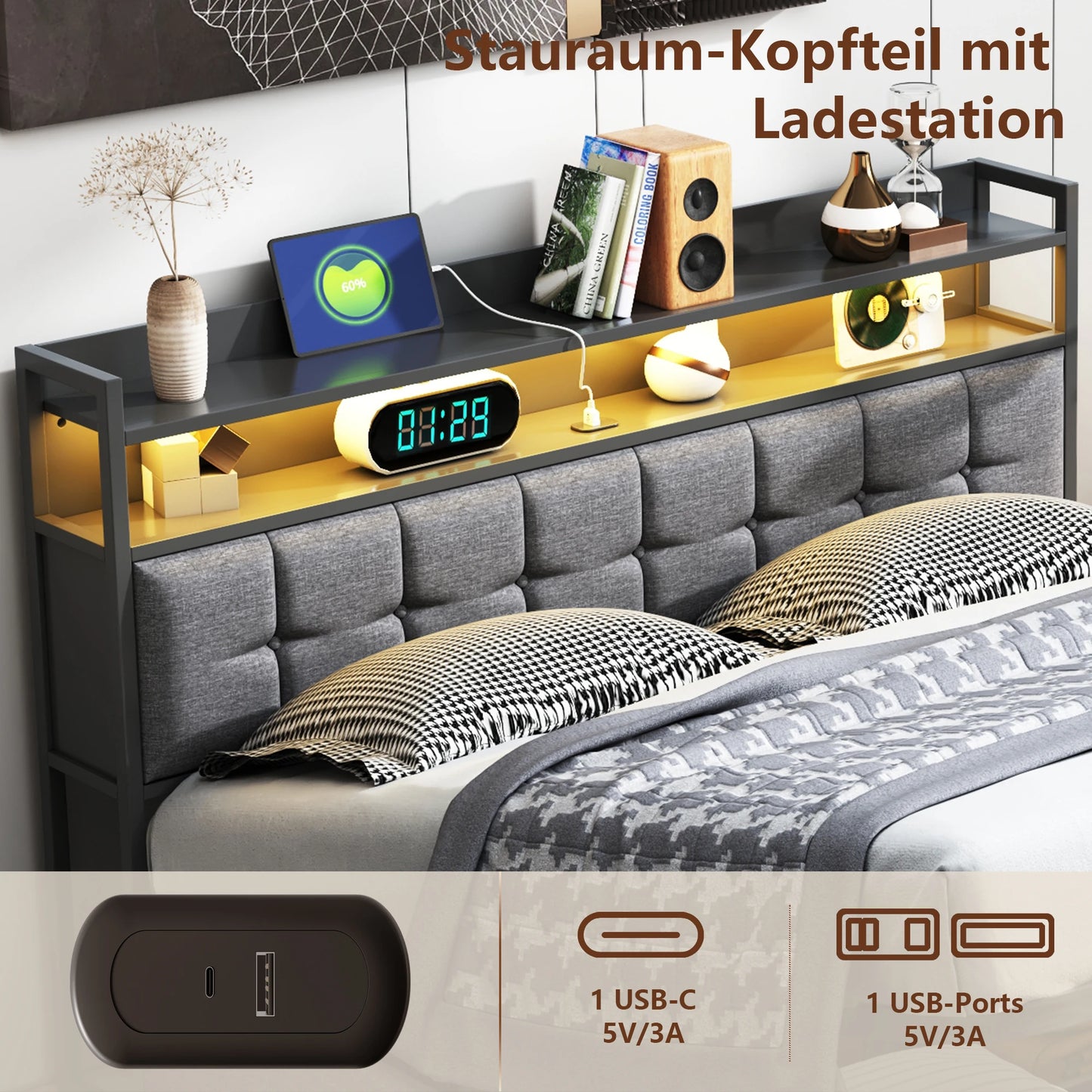 Rosahqnda cushion bed Padded Hydraulic bed frame Grey Linen Headboard Linen Fabric Without Mattress