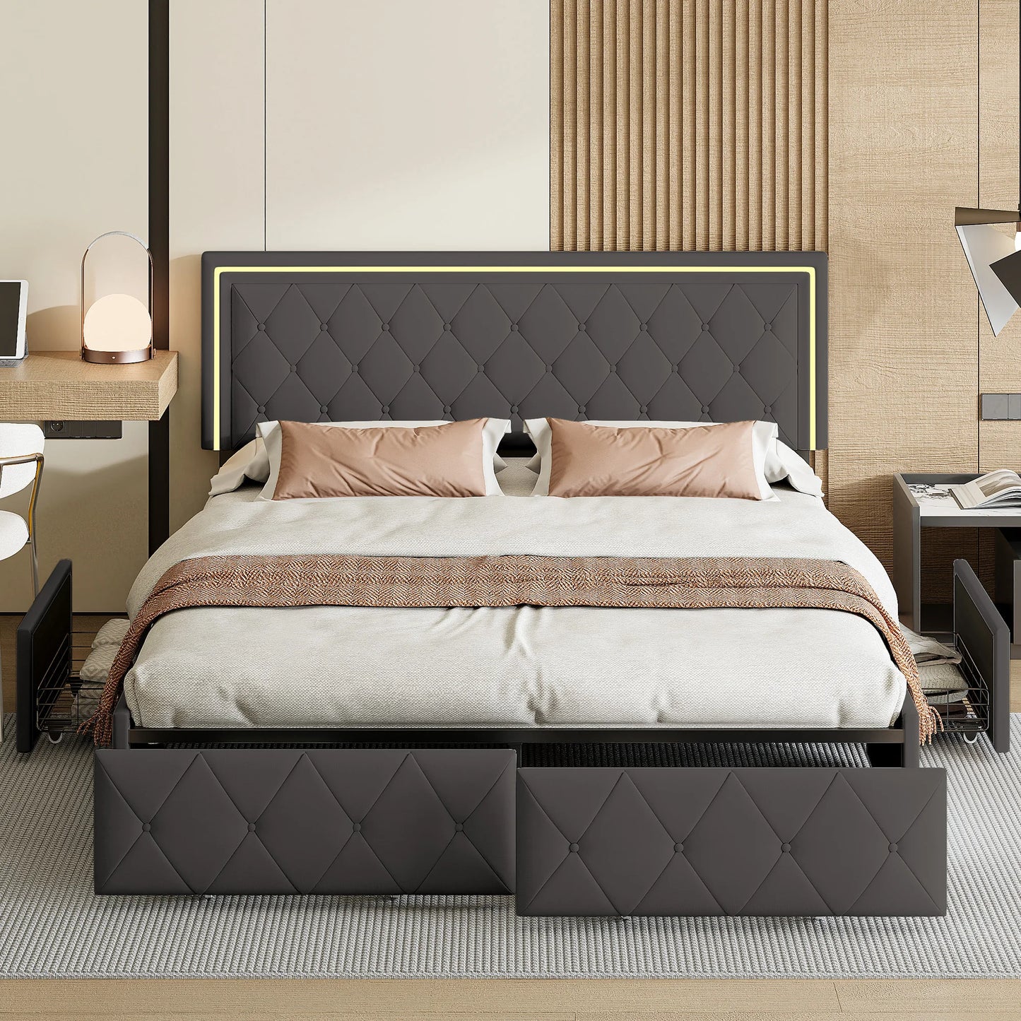 ROSAHQNDA Modern faux leather bed with drawers, LED PU double bed frame with storage space, 140/160 x 200 cm, without mattress