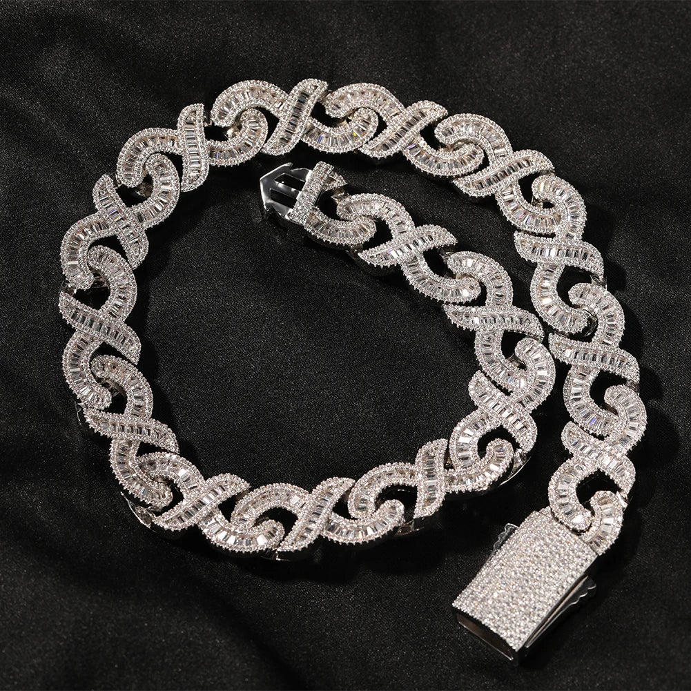 THE BLING KING 15mm Infinity Link Necklace For Men Iced Out Baguette CZ X Shaped Chain Solid Metal Choker Punk Hip Hop Jewelry - Uknowucme