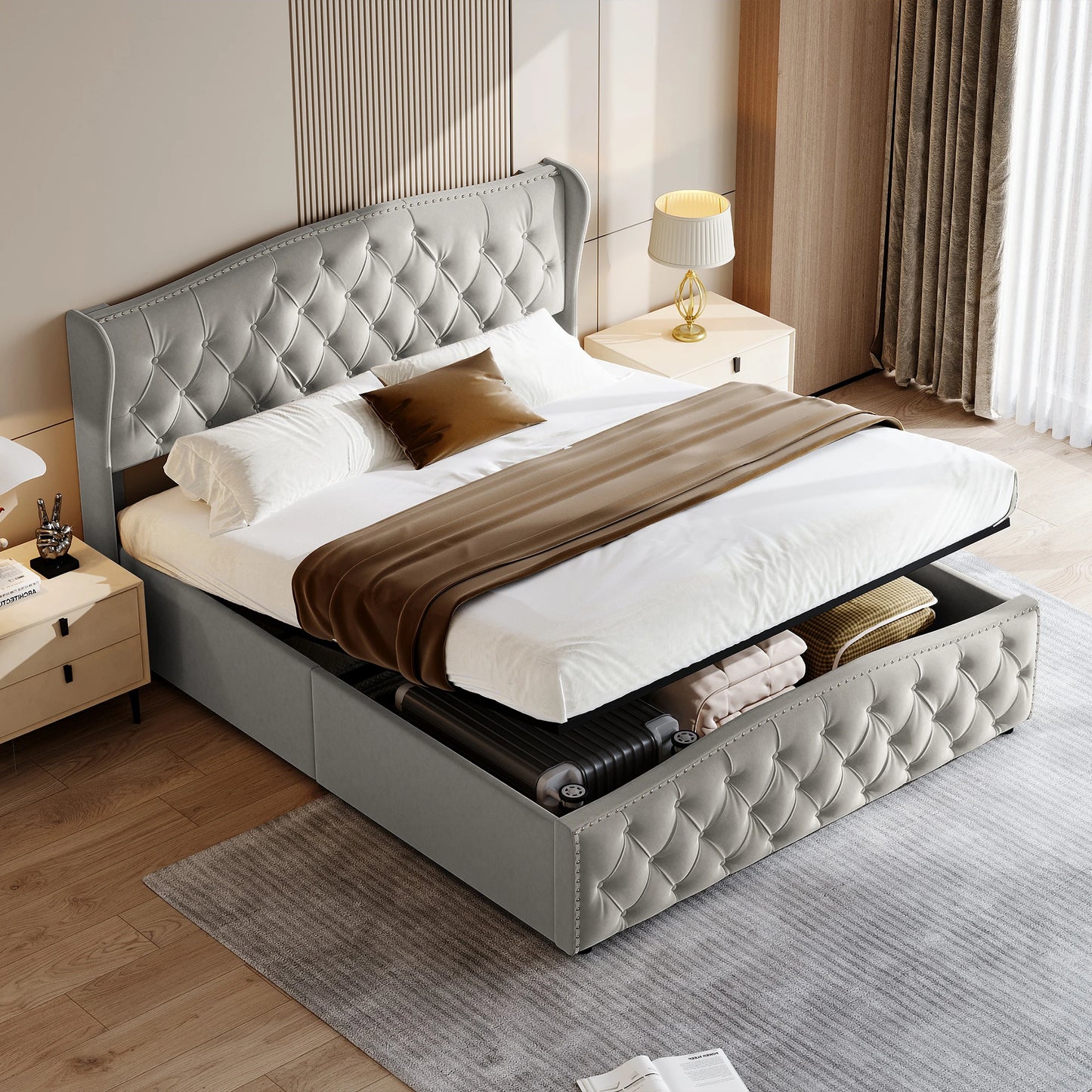 Upholstery bed 140x200 cm with Underbed chest of drawers, double bed with and slatted frame, velvet, for adults and teenagers