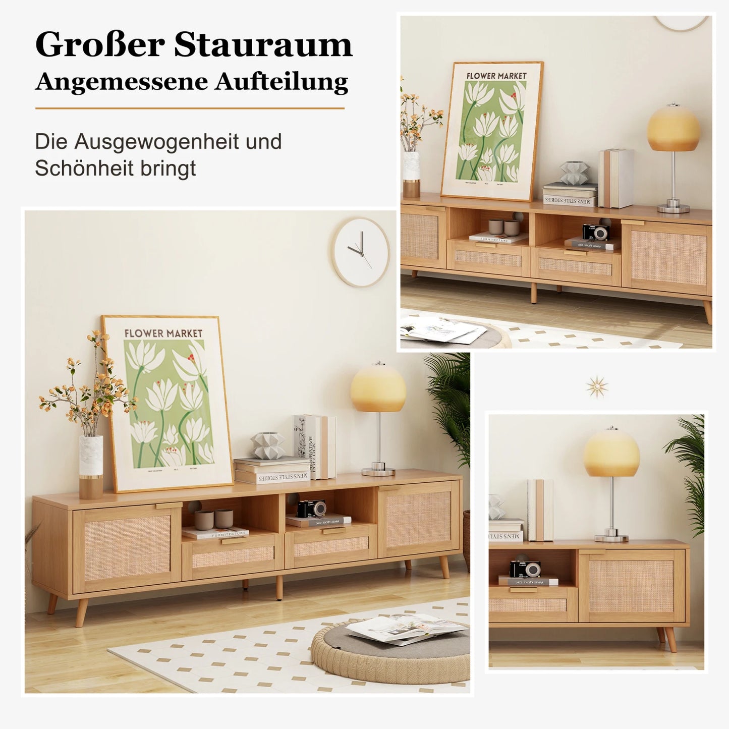 TV console table, 200*37*49cm, TV cabinet with real rattan design, TV cabinet with solid wooden feet, braided rattan TV boards - Uknowucme