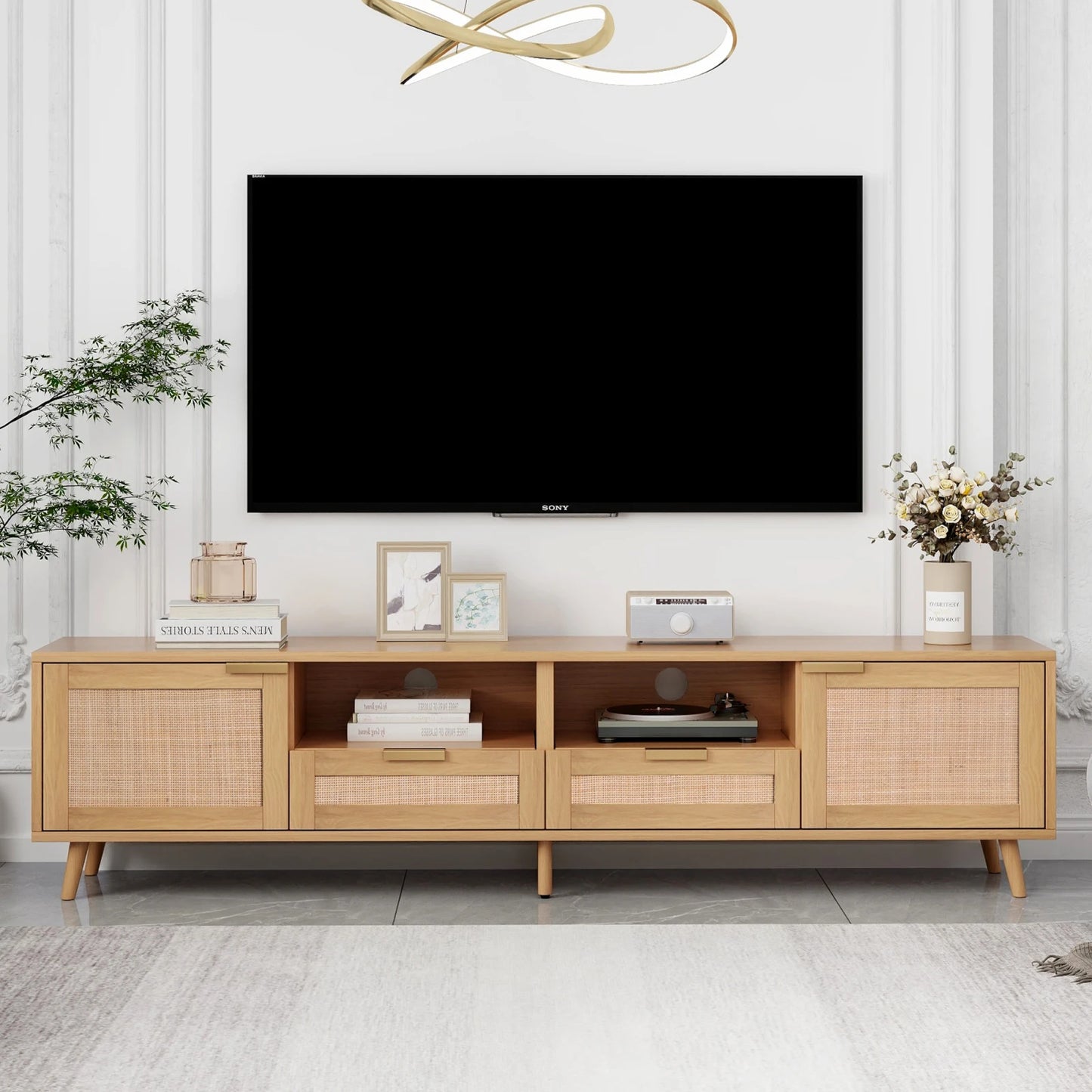 TV console table, 200*37*49cm, TV cabinet with real rattan design, TV cabinet with solid wooden feet, braided rattan TV boards - Uknowucme