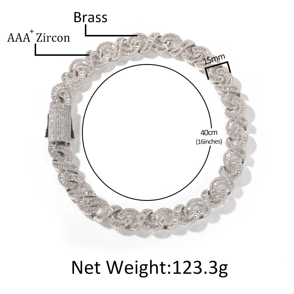 THE BLING KING 15mm Infinity Link Necklace For Men Iced Out Baguette CZ X Shaped Chain Solid Metal Choker Punk Hip Hop Jewelry - Uknowucme