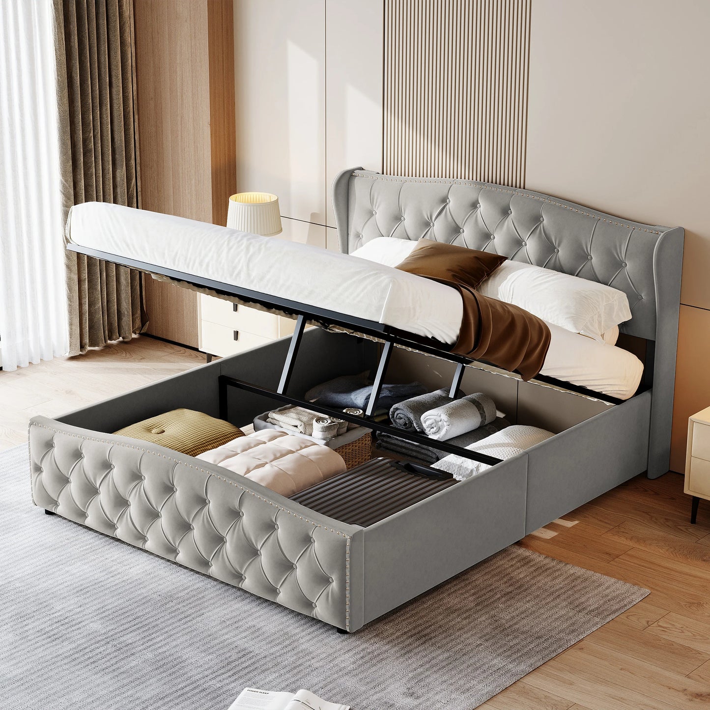 Upholstery bed 140x200 cm with Underbed chest of drawers, double bed with and slatted frame, velvet, for adults and teenagers