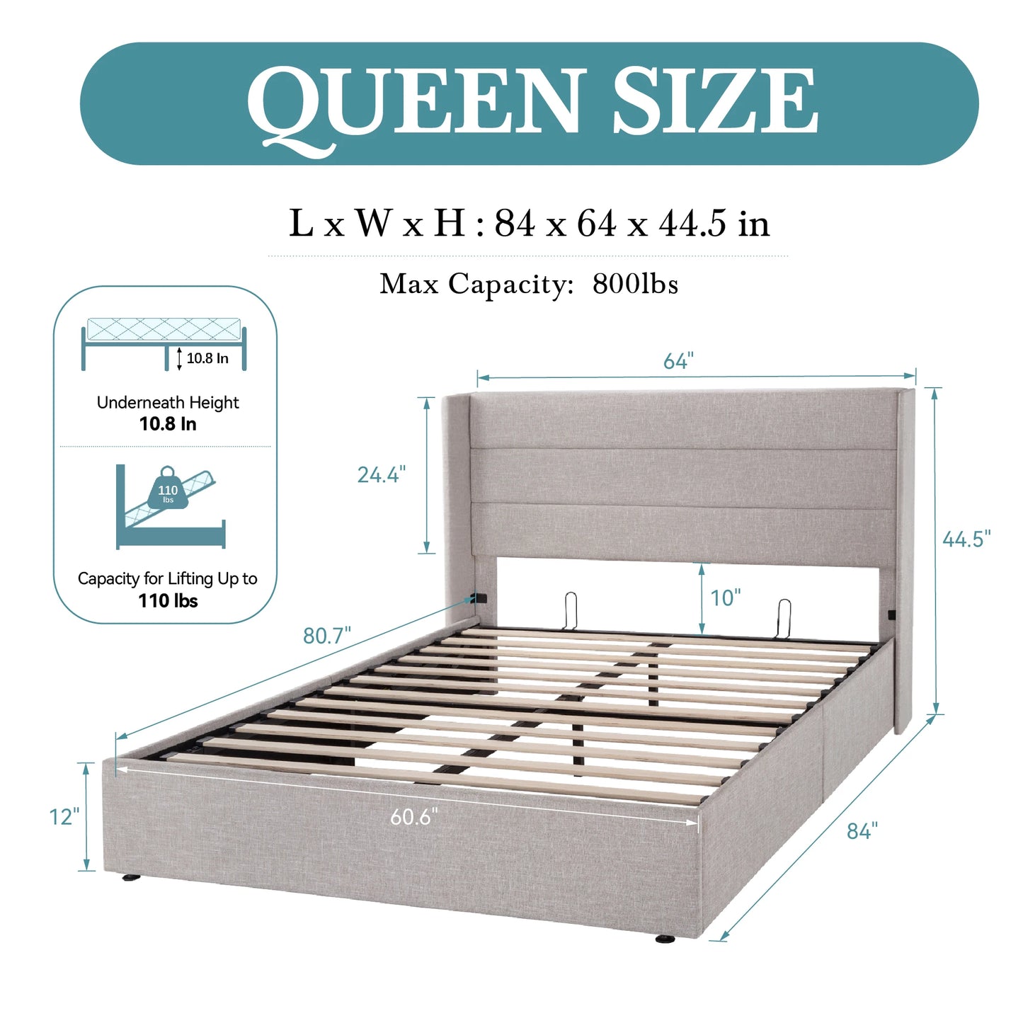HOOMIC Lift Up Storage Bed with Wingback Headboard/Heavy-Duty Hydraulic Bed/Large Underneath Storage Allewie - Uknowucme