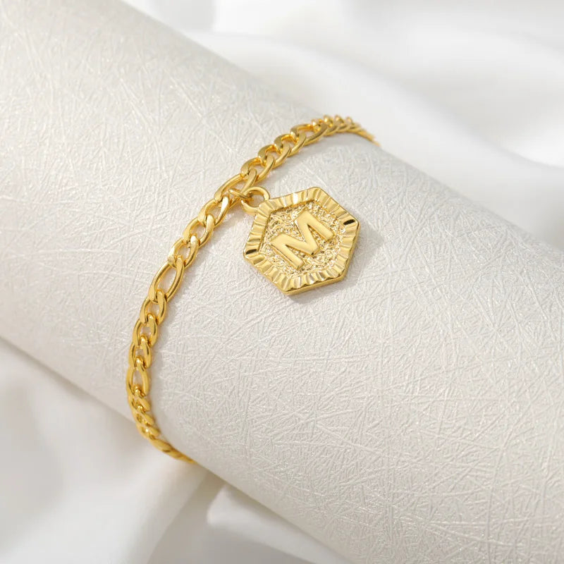 Hexagon Initial Anklet Gold Color Anklets for Women Girls Foot Cuban Link Chain Ankle Bracelet on the Leg Fashion Boho Jewelry - Uknowucme