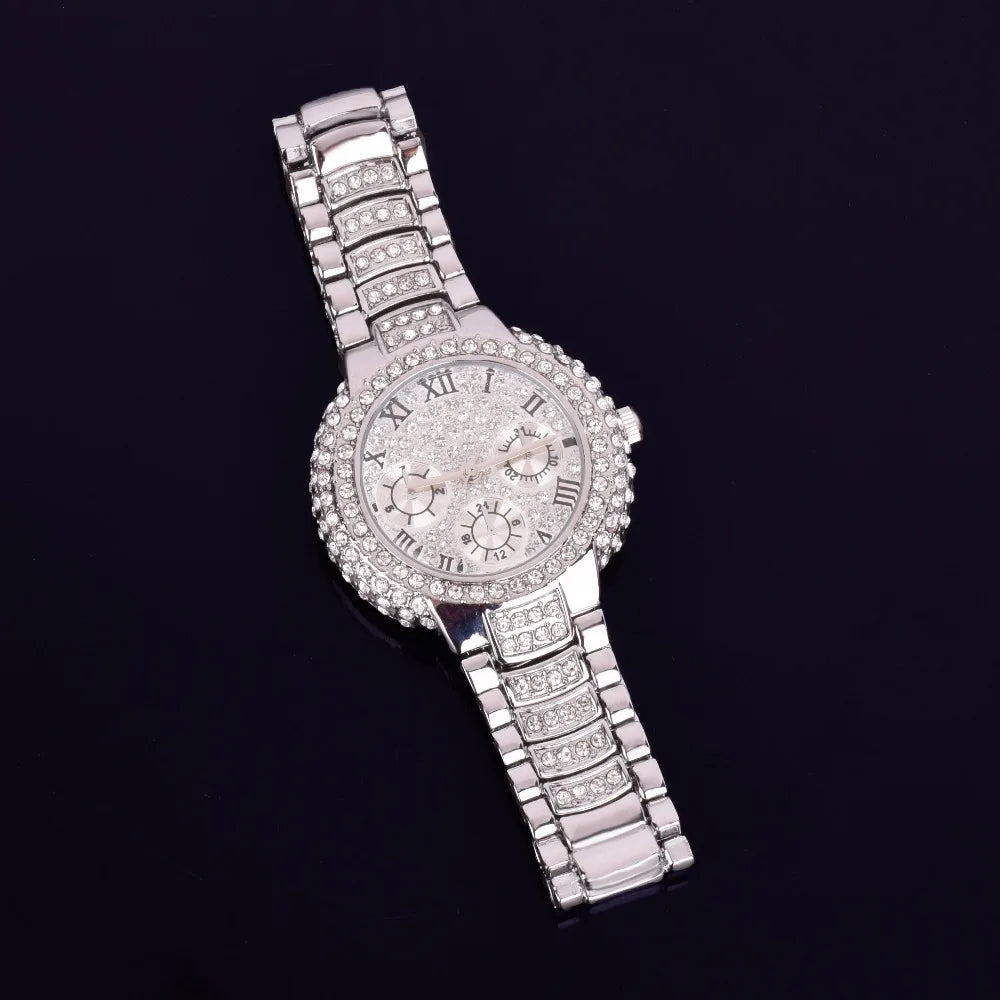 Hip Hop Men's Women Watch Small Dial Military Quartz Clock Luxury Rhinestone Business Waterproof 19.2 cm - Uknowucme