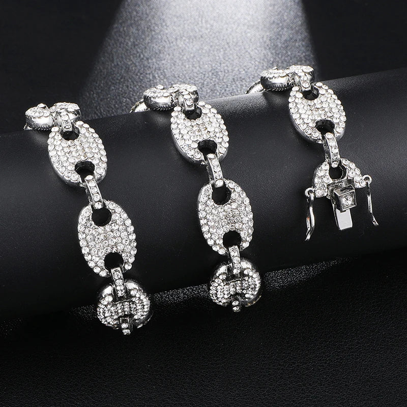 Watch +Chain+Bracelet HIP HOP Coffee Iced Out Alloy Bean Pig Nose Rhinestone Necklace Chain choker Necklaces for Men Jewelry - Uknowucme