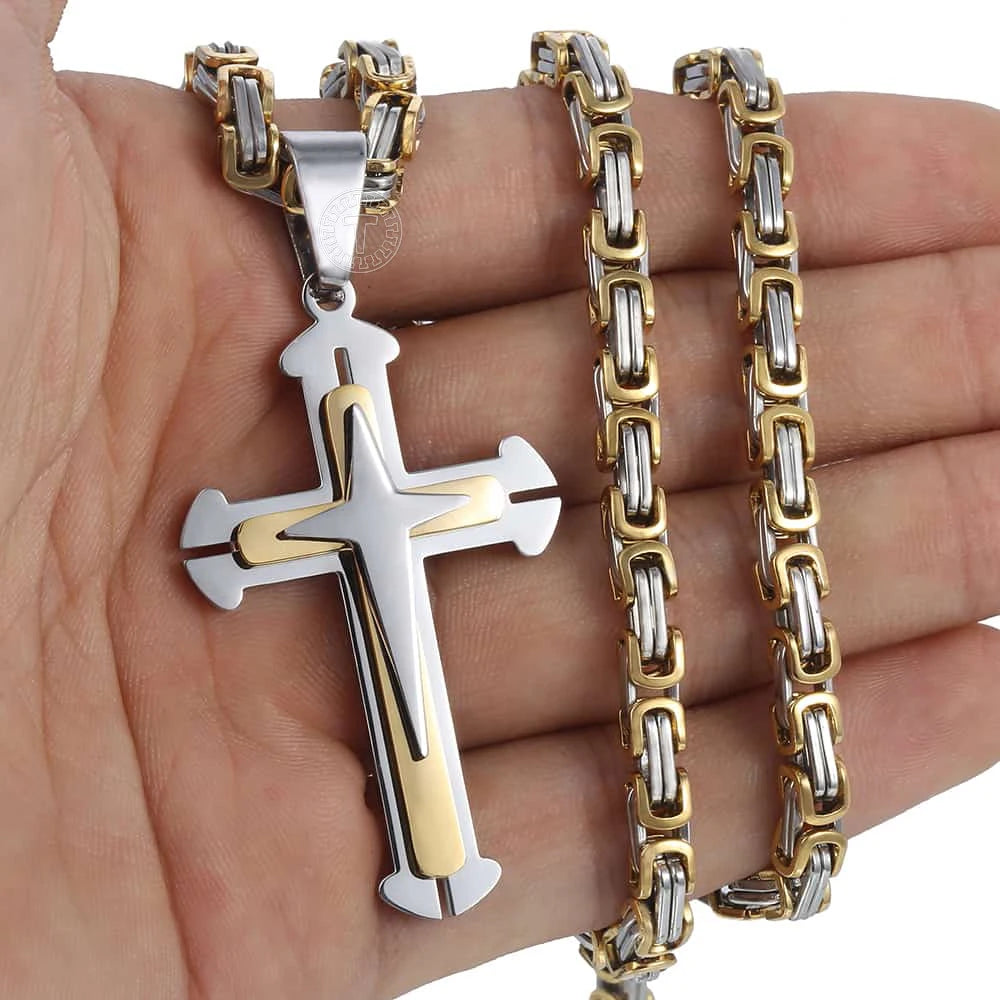 Men's Cross Necklace Gold Color Black Cross Pendant Stainless Steel Byzantine Chain Necklace 2020 Hip Hop Male Jewelry KP180 - Uknowucme