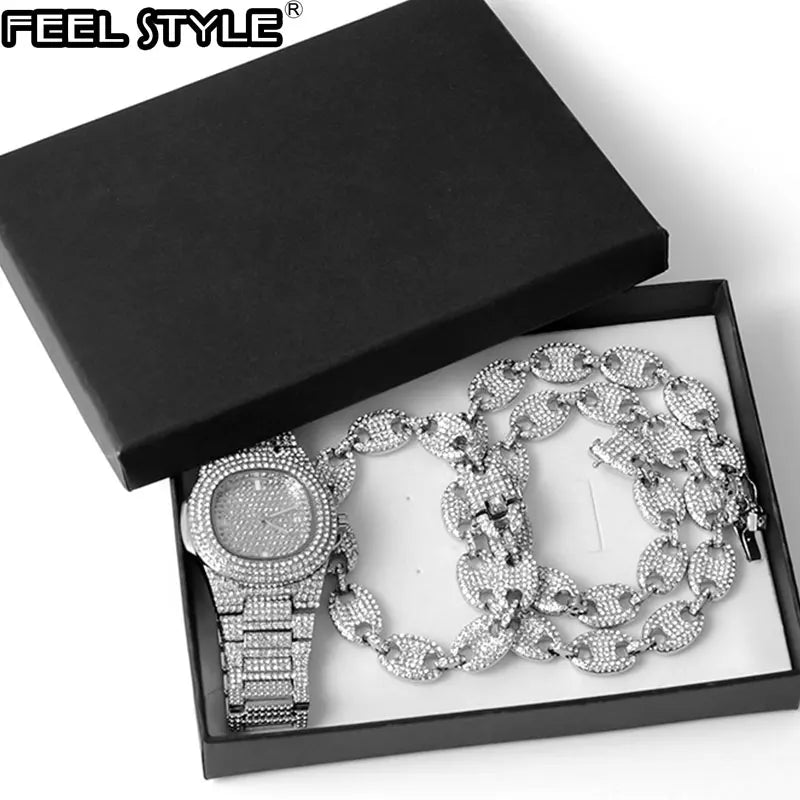 Watch +Chain+Bracelet HIP HOP Coffee Iced Out Alloy Bean Pig Nose Rhinestone Necklace Chain choker Necklaces for Men Jewelry - Uknowucme