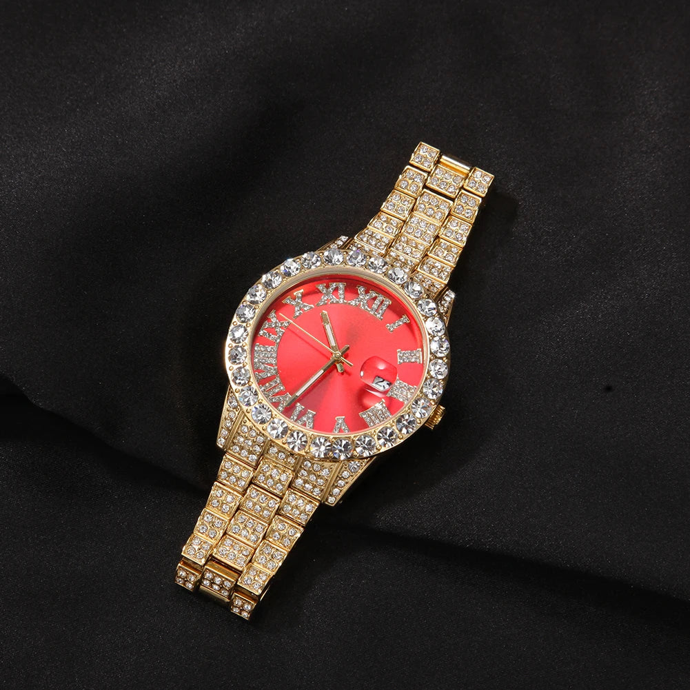 THE BLING KING Men's Watch Big Pink Purple Blue Dial Iced Out Quartz Clock Luxury Rhinestone Business Waterproof Wrist Watches - Uknowucme