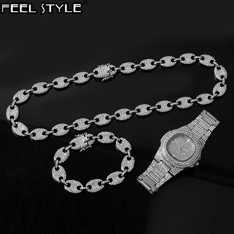 Watch +Chain+Bracelet HIP HOP Coffee Iced Out Alloy Bean Pig Nose Rhinestone Necklace Chain choker Necklaces for Men Jewelry - Uknowucme