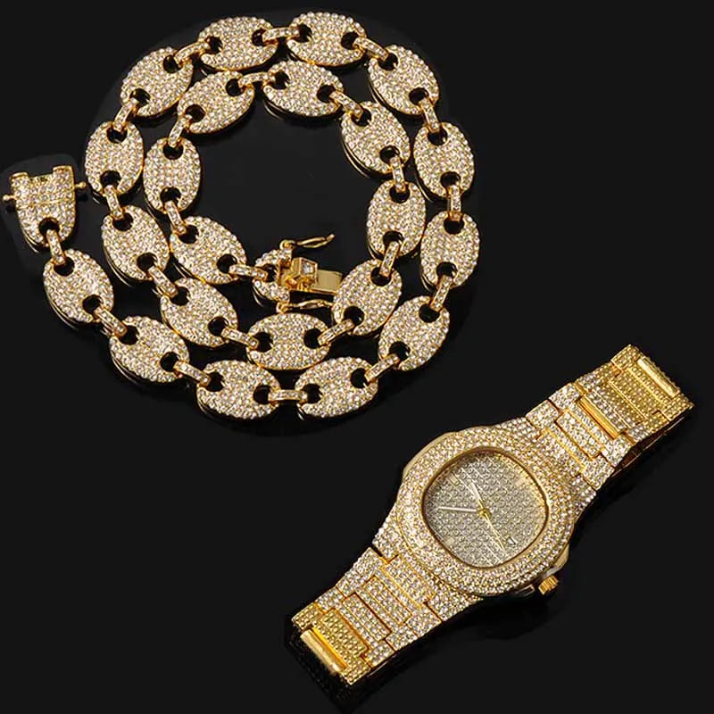 Watch +Chain+Bracelet HIP HOP Coffee Iced Out Alloy Bean Pig Nose Rhinestone Necklace Chain choker Necklaces for Men Jewelry - Uknowucme