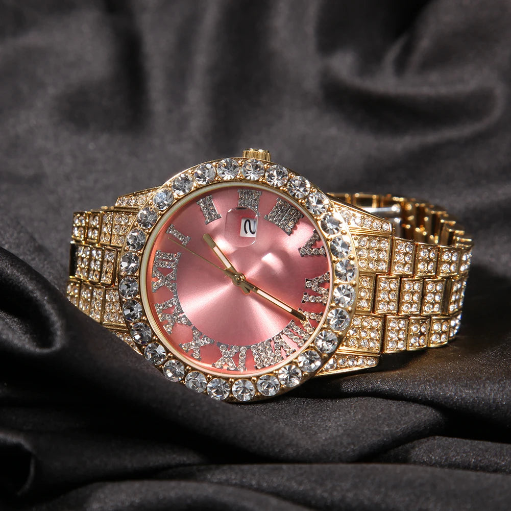 THE BLING KING Men's Watch Big Pink Purple Blue Dial Iced Out Quartz Clock Luxury Rhinestone Business Waterproof Wrist Watches - Uknowucme