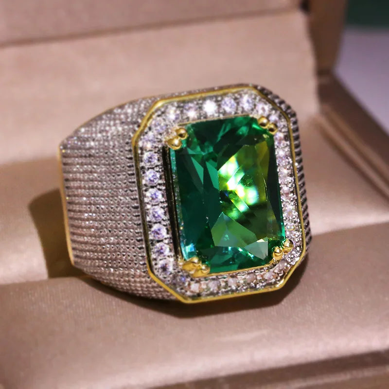 HOYON Dropshop 14K Yellow Gold Color Natural Emerald Ring for Men Green Gemstone AAA Zircon Jewelry Setting Ring Free Shipping - Uknowucme