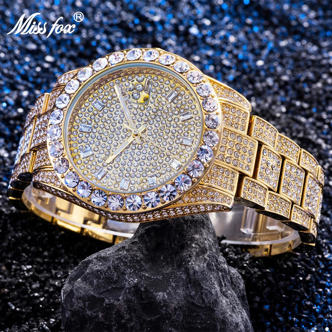 MISSFOX Brand Men Watch Luxury Ice Out Full Big Diamond Silver Bracelet Watch Fashion Dial Quartz Wristwatch Steel Dropshipping - Uknowucme