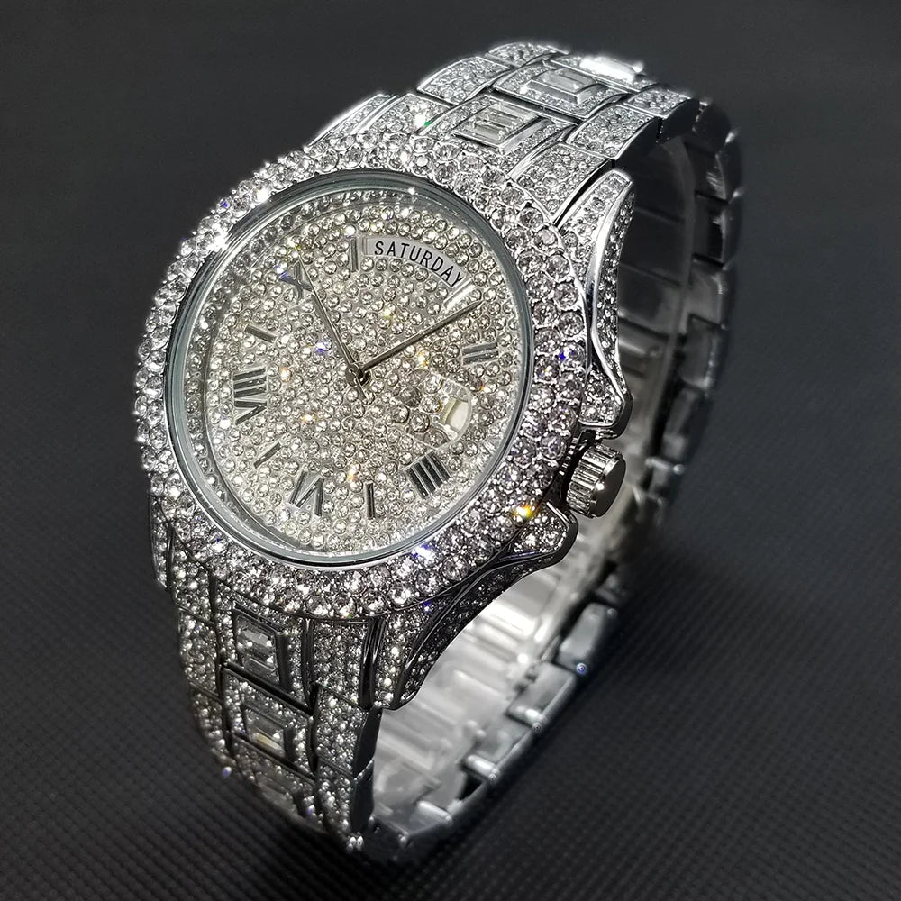 MISSFOX New Day Date Watch For Men Luxury Full Diamond Silver Quartz Wristwatch Hip Hop Iced Out Waterproof Watches Dropshipping - Uknowucme