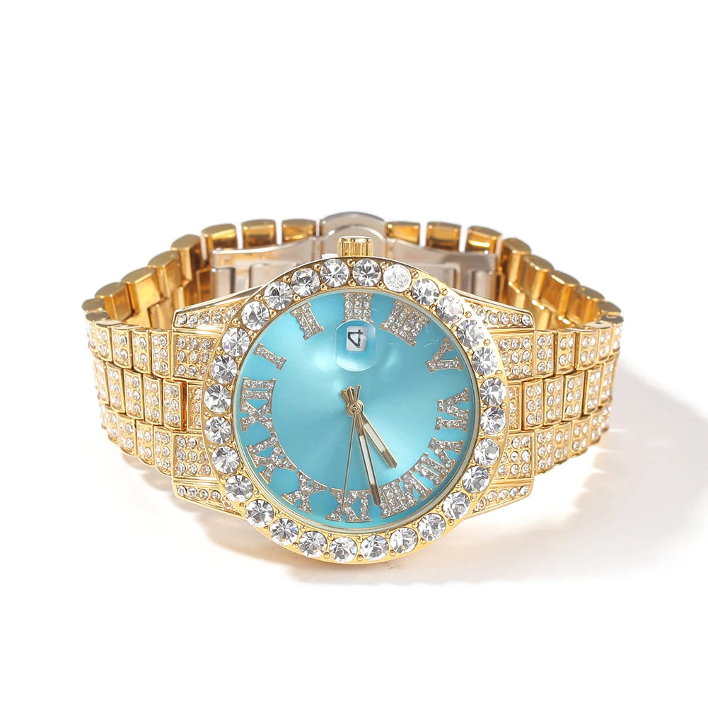THE BLING KING Men's Watch Big Pink Purple Blue Dial Iced Out Quartz Clock Luxury Rhinestone Business Waterproof Wrist Watches - Uknowucme