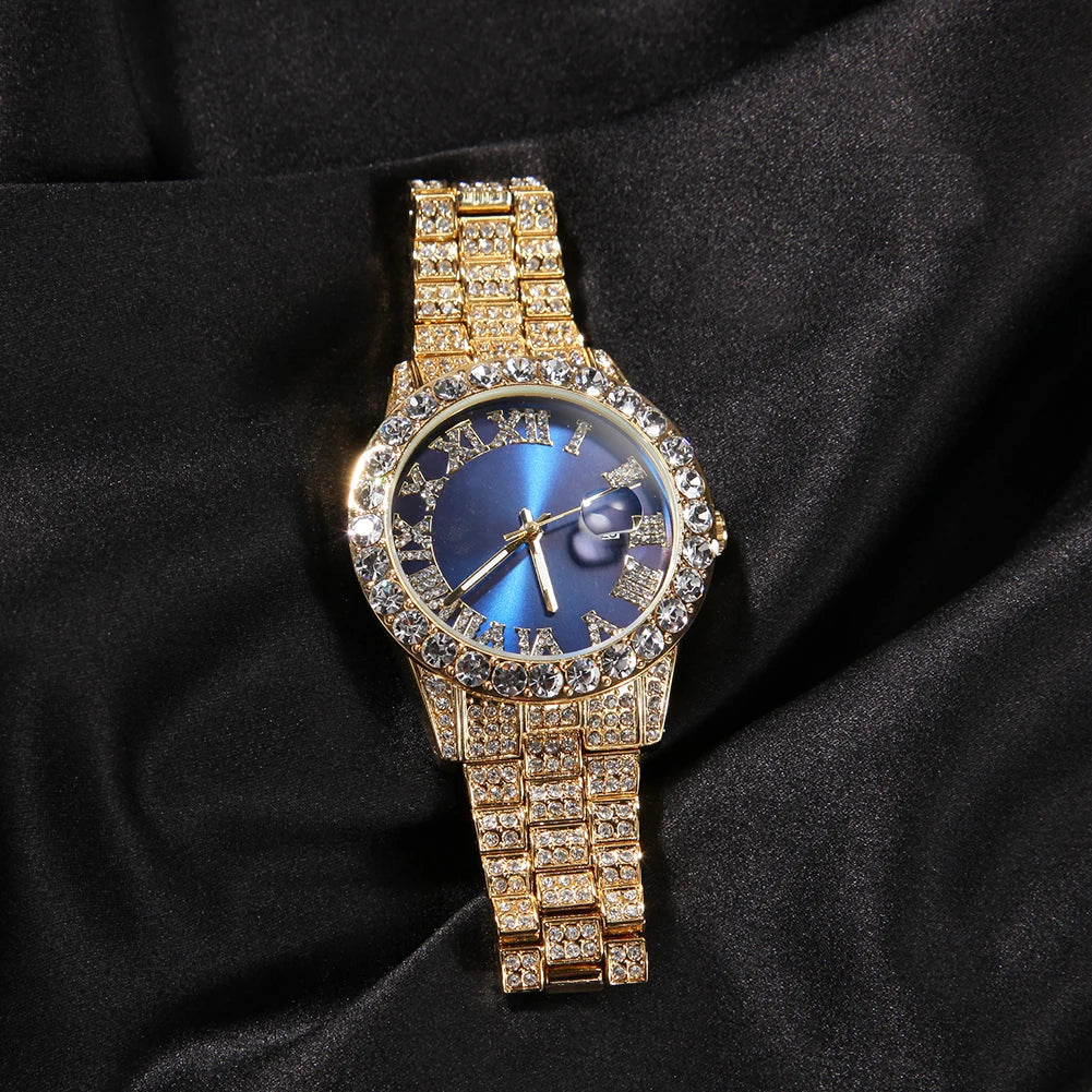 THE BLING KING Men's Watch Big Pink Purple Blue Dial Iced Out Quartz Clock Luxury Rhinestone Business Waterproof Wrist Watches - Uknowucme