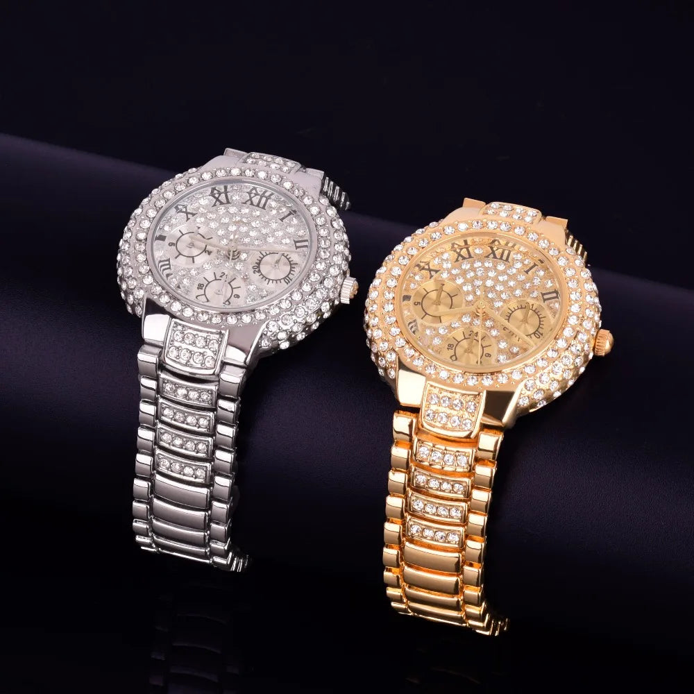 Hip Hop Men's Women Watch Small Dial Military Quartz Clock Luxury Rhinestone Business Waterproof 19.2 cm - Uknowucme