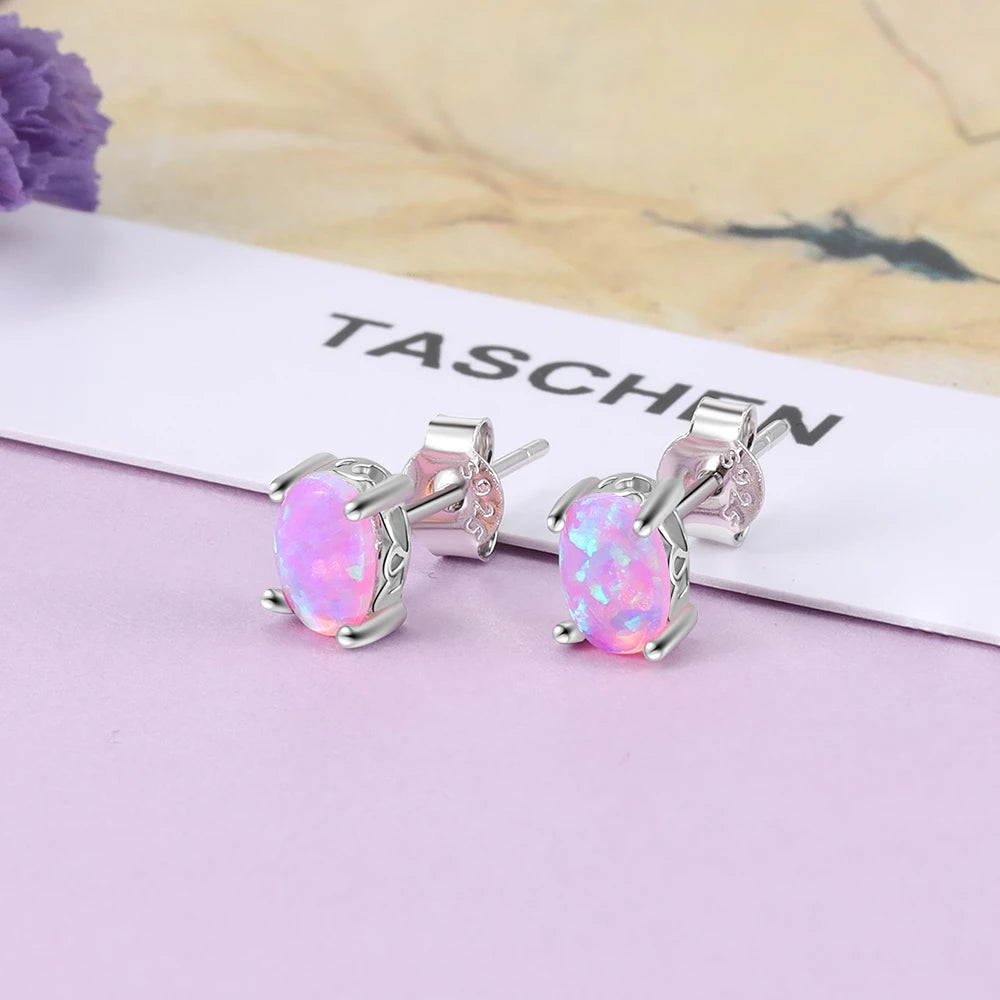 925 Sterling Silver Stud Earrings for Women Cute 4mm Created Oval White Pink Blue Fire Opal Earrings Fine Jewelry (Lam Hub Fong) - Uknowucme