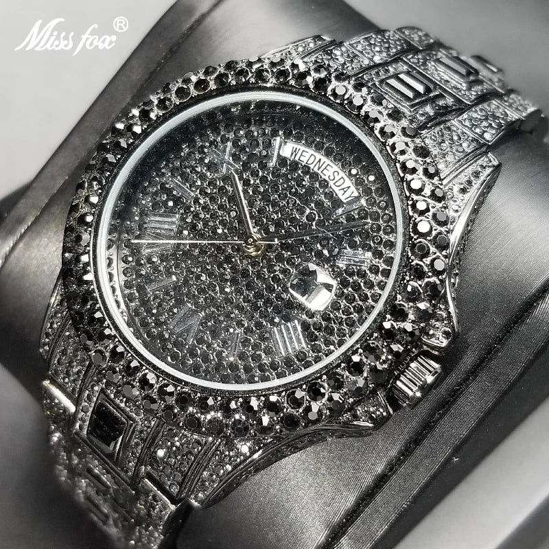 MISSFOX New Day Date Watch For Men Luxury Full Diamond Silver Quartz Wristwatch Hip Hop Iced Out Waterproof Watches Dropshipping - Uknowucme