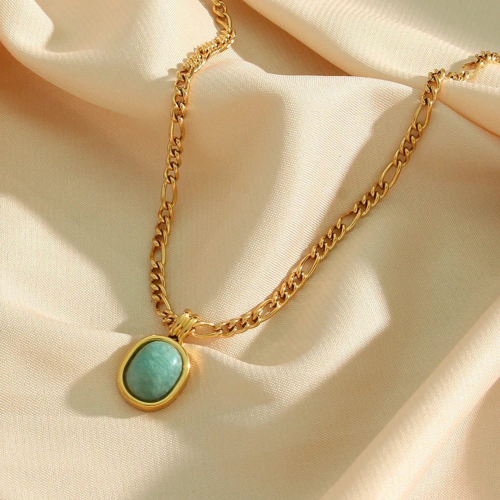 Tarnish Free Elegant Ladies Stainless Steel Gold Plated Figaro Chain Oval Natural Amazonite Stone Pendant Necklace For Women - Uknowucme