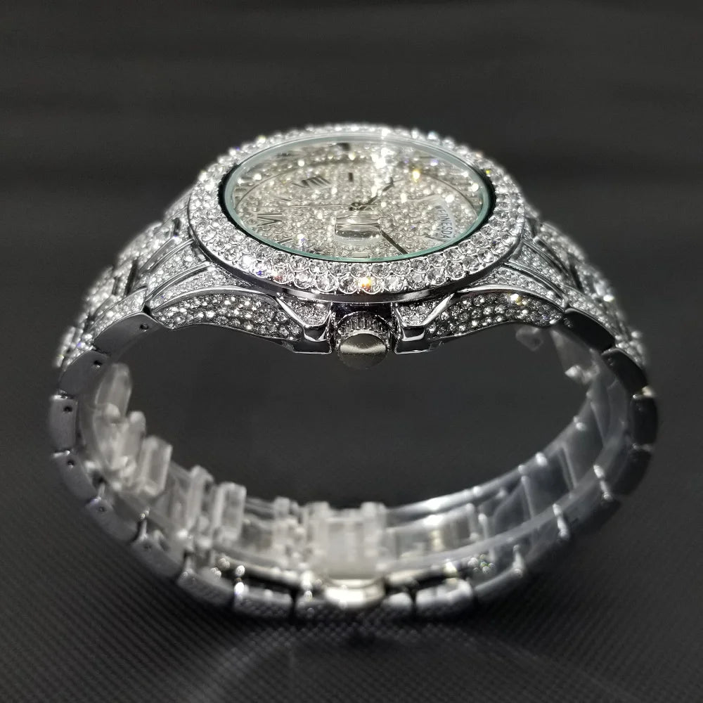 MISSFOX New Day Date Watch For Men Luxury Full Diamond Silver Quartz Wristwatch Hip Hop Iced Out Waterproof Watches Dropshipping - Uknowucme