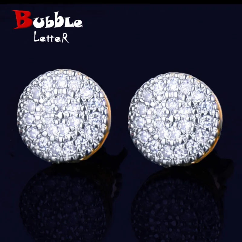 8MM Gold Color Small Round Stud Earring AAAA Cubic Zircon Screw Back Men Fashion Hip Hop Jewelry - Uknowucme