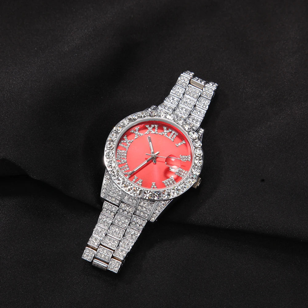 THE BLING KING Men's Watch Big Pink Purple Blue Dial Iced Out Quartz Clock Luxury Rhinestone Business Waterproof Wrist Watches - Uknowucme