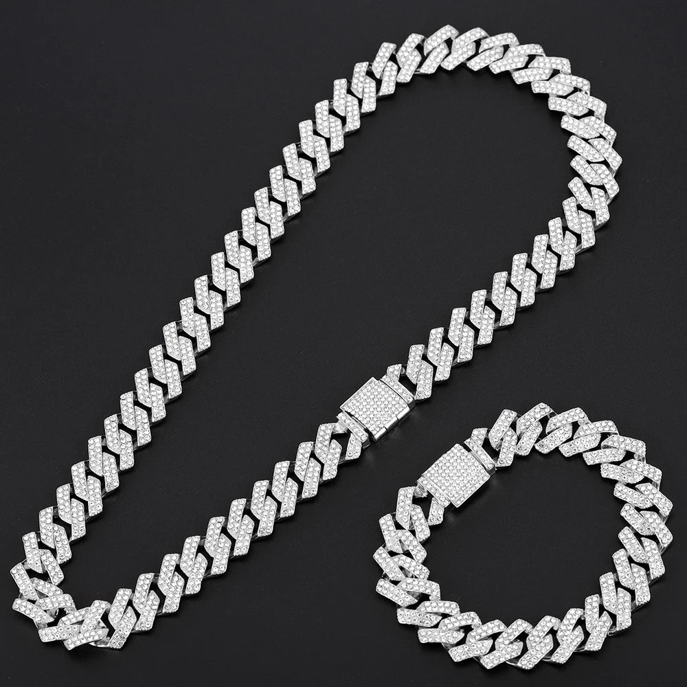 16mm Hip Hop Miami Cuban Link Chain Set Necklace +Watch+Bracelet Creative Iced Out Shiny Trendy Stylish Jewelry For Women Men - Uknowucme