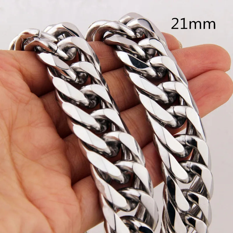 Miami Cuban Chains For Men Hip Hop Jewelry Wholesale Silver Color Thick Stainless Steel Big Chunky Necklace 13MM/16mm/19mm/21mm - Uknowucme