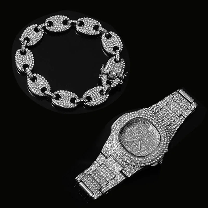 Watch +Chain+Bracelet HIP HOP Coffee Iced Out Alloy Bean Pig Nose Rhinestone Necklace Chain choker Necklaces for Men Jewelry - Uknowucme