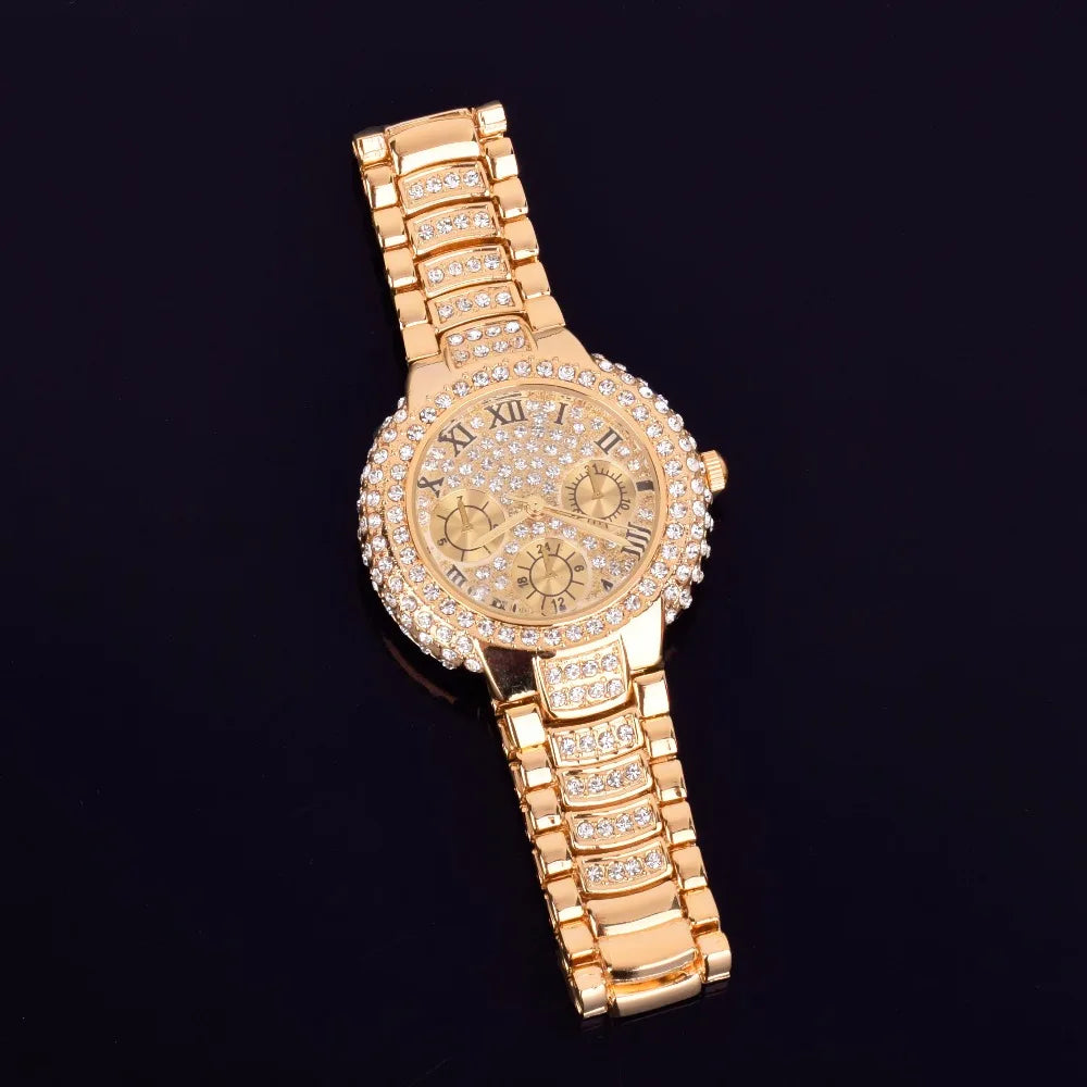 Hip Hop Men's Women Watch Small Dial Military Quartz Clock Luxury Rhinestone Business Waterproof 19.2 cm - Uknowucme