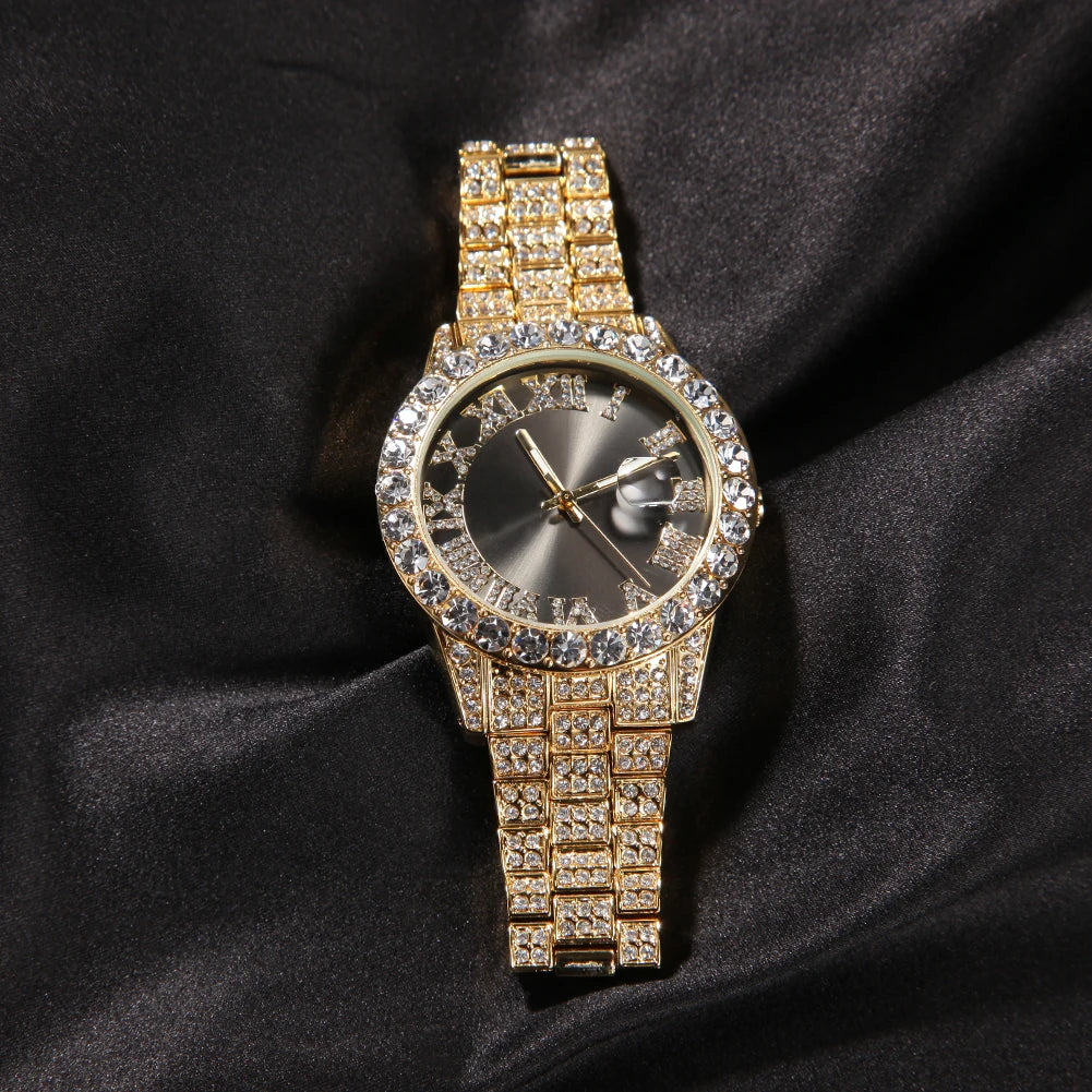 THE BLING KING Men's Watch Big Pink Purple Blue Dial Iced Out Quartz Clock Luxury Rhinestone Business Waterproof Wrist Watches - Uknowucme
