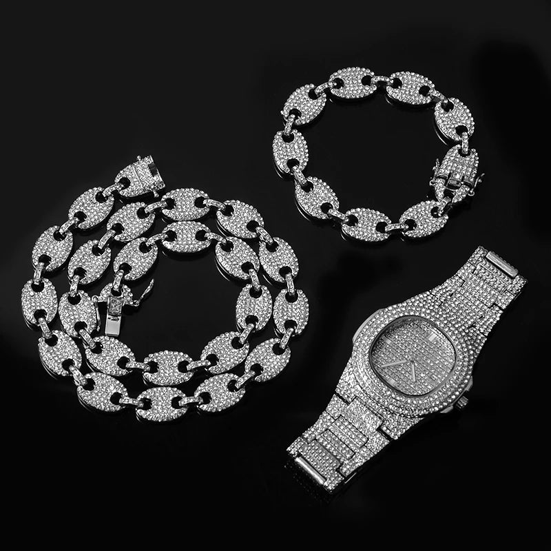 Watch +Chain+Bracelet HIP HOP Coffee Iced Out Alloy Bean Pig Nose Rhinestone Necklace Chain choker Necklaces for Men Jewelry - Uknowucme