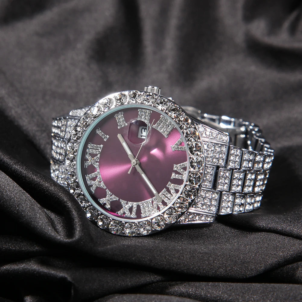 THE BLING KING Men's Watch Big Pink Purple Blue Dial Iced Out Quartz Clock Luxury Rhinestone Business Waterproof Wrist Watches - Uknowucme