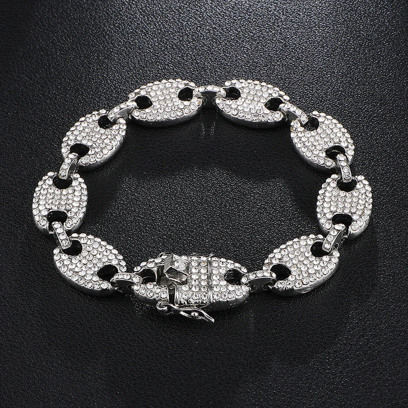 Watch +Chain+Bracelet HIP HOP Coffee Iced Out Alloy Bean Pig Nose Rhinestone Necklace Chain choker Necklaces for Men Jewelry - Uknowucme