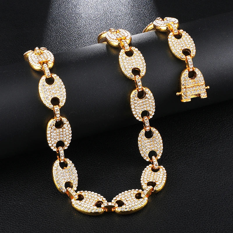 Watch +Chain+Bracelet HIP HOP Coffee Iced Out Alloy Bean Pig Nose Rhinestone Necklace Chain choker Necklaces for Men Jewelry - Uknowucme