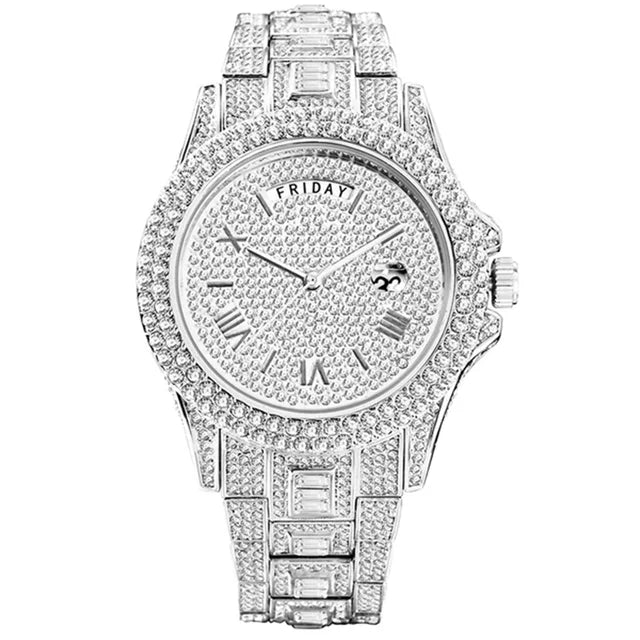 MISSFOX New Day Date Watch For Men Luxury Full Diamond Silver Quartz Wristwatch Hip Hop Iced Out Waterproof Watches Dropshipping - Uknowucme