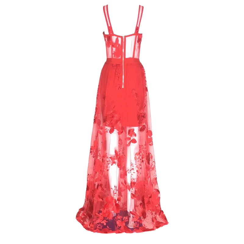 Red Color Celebrity Fashion Dress Sleeveless Sexy Backless Lace Long Dress Women's Wedding Party Dress Top Quality - Uknowucme