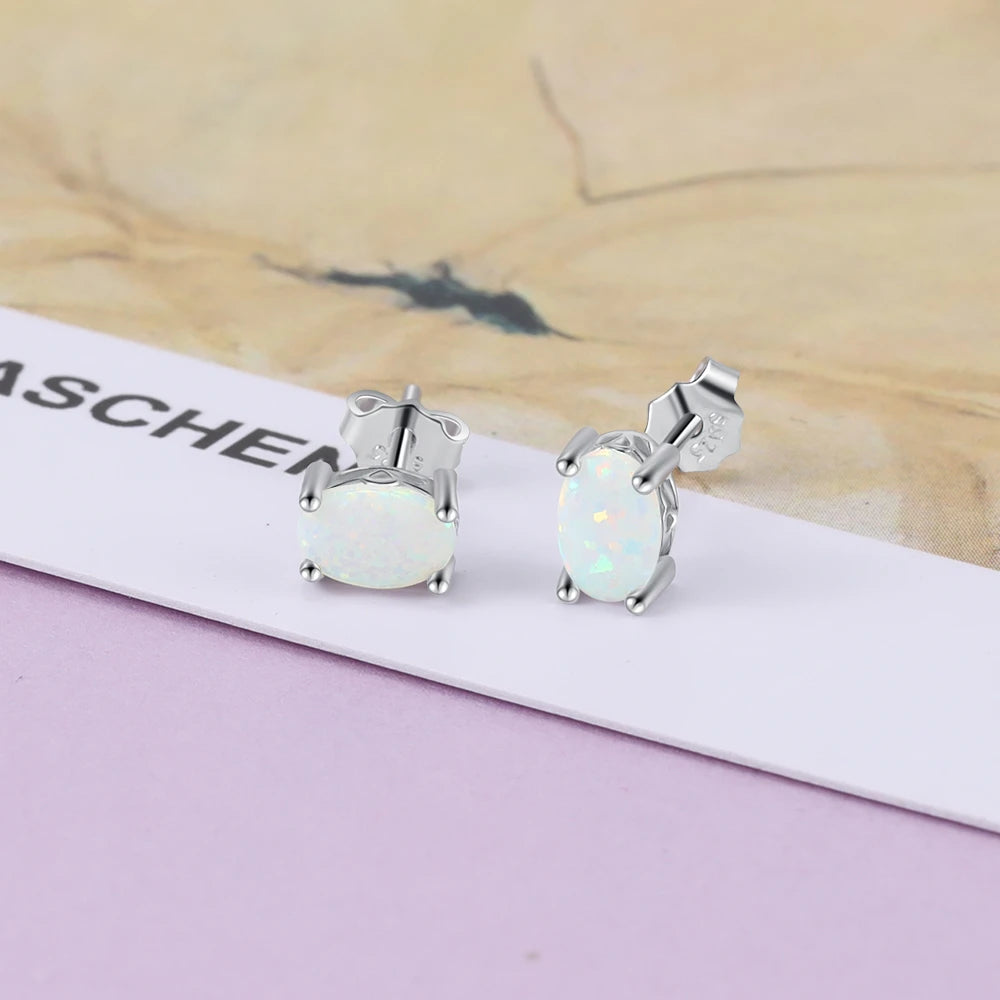 925 Sterling Silver Stud Earrings for Women Cute 4mm Created Oval White Pink Blue Fire Opal Earrings Fine Jewelry (Lam Hub Fong) - Uknowucme