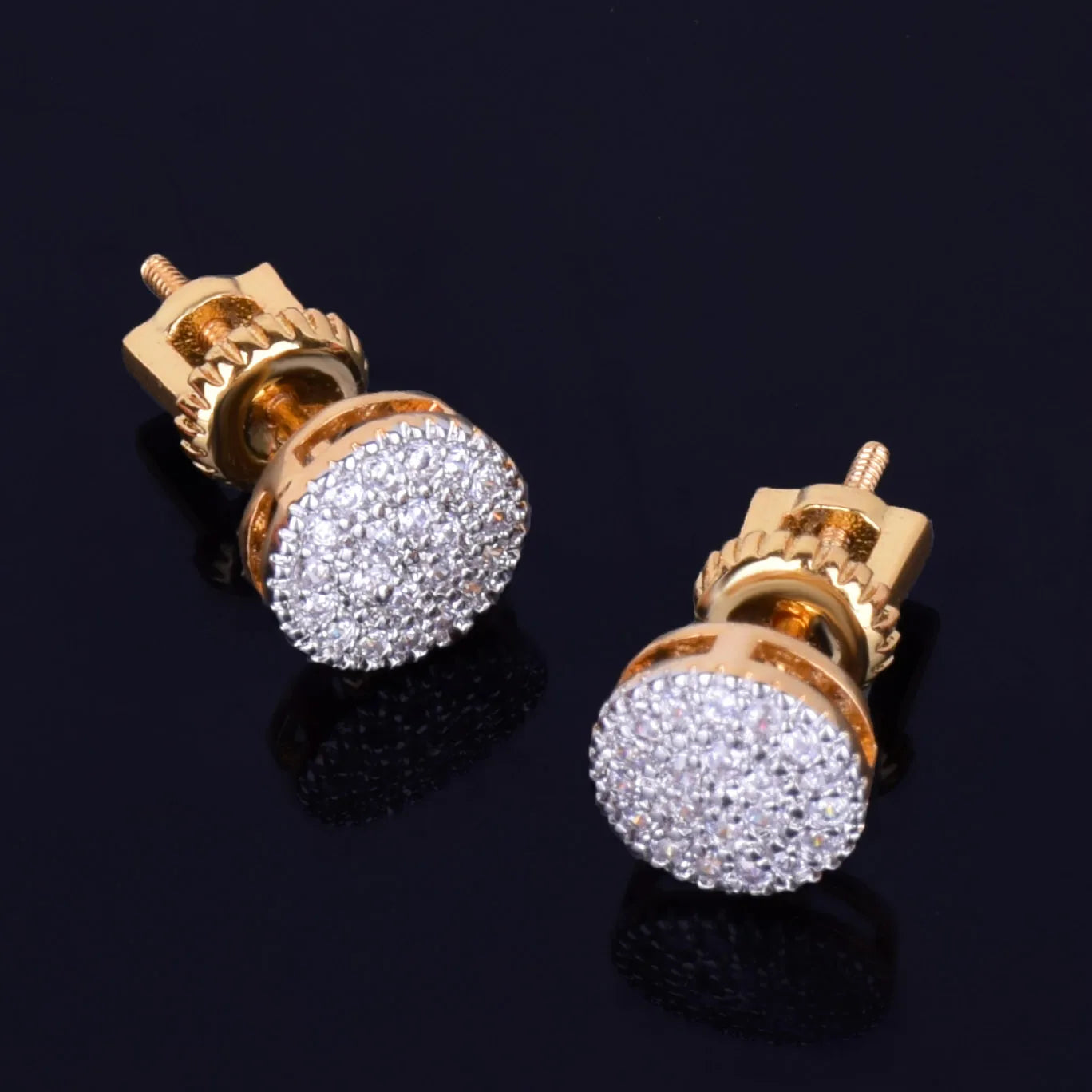 8MM Gold Color Small Round Stud Earring AAAA Cubic Zircon Screw Back Men Fashion Hip Hop Jewelry - Uknowucme