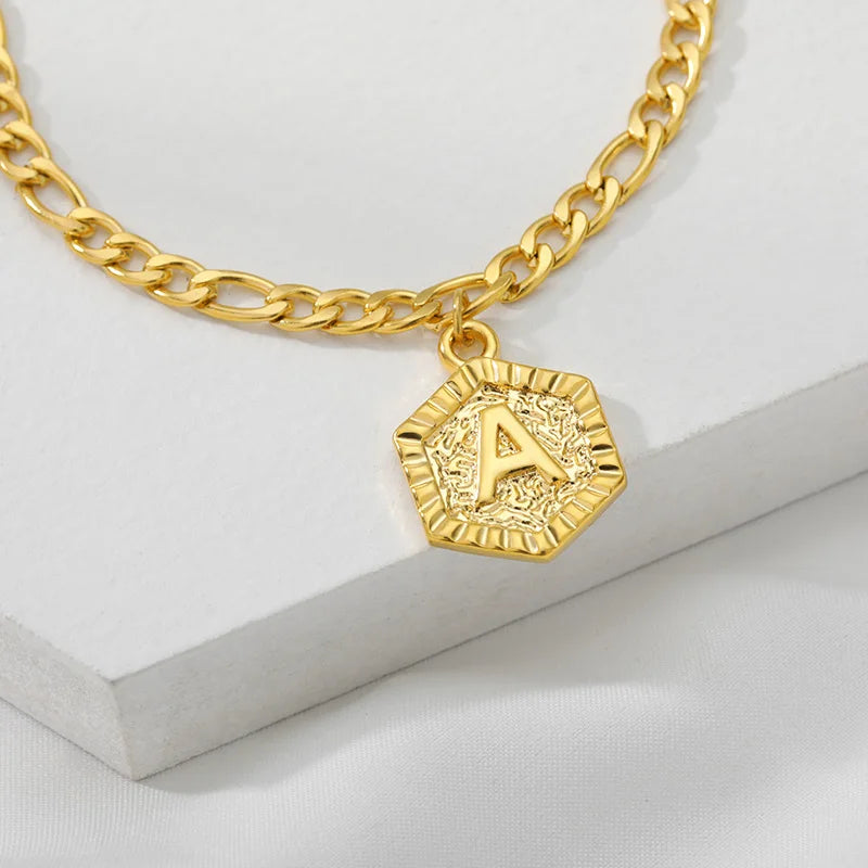 Hexagon Initial Anklet Gold Color Anklets for Women Girls Foot Cuban Link Chain Ankle Bracelet on the Leg Fashion Boho Jewelry - Uknowucme