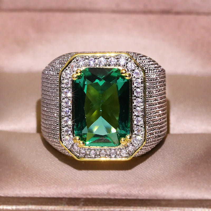 HOYON Dropshop 14K Yellow Gold Color Natural Emerald Ring for Men Green Gemstone AAA Zircon Jewelry Setting Ring Free Shipping - Uknowucme