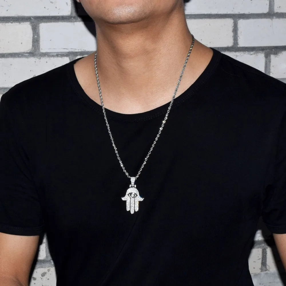 Bubble Letter Iced Hand Pendant Necklace Gold Color Cubic Zircon Men's Hip Hop Jewelry - Uknowucme