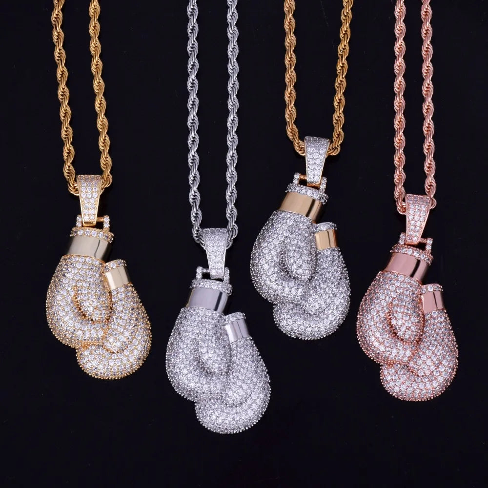 Bubble Letter Boxing Gloves Pendant Necklace & Pendant Gold Color Iced Cubic Zircon Men's Hip Hop Jewelry - Uknowucme